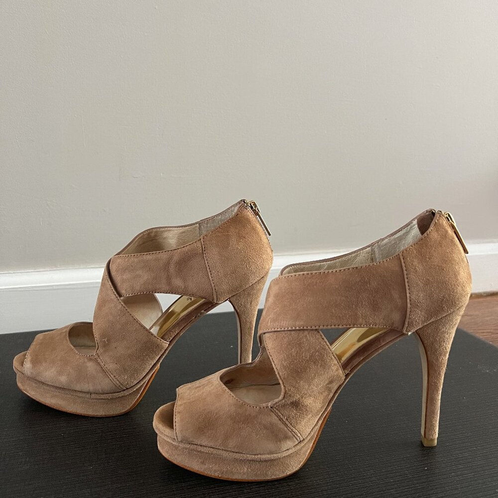 MICHAEL Michael Kors - Tan Suede Peep-toe Platform w/Gold Zipper